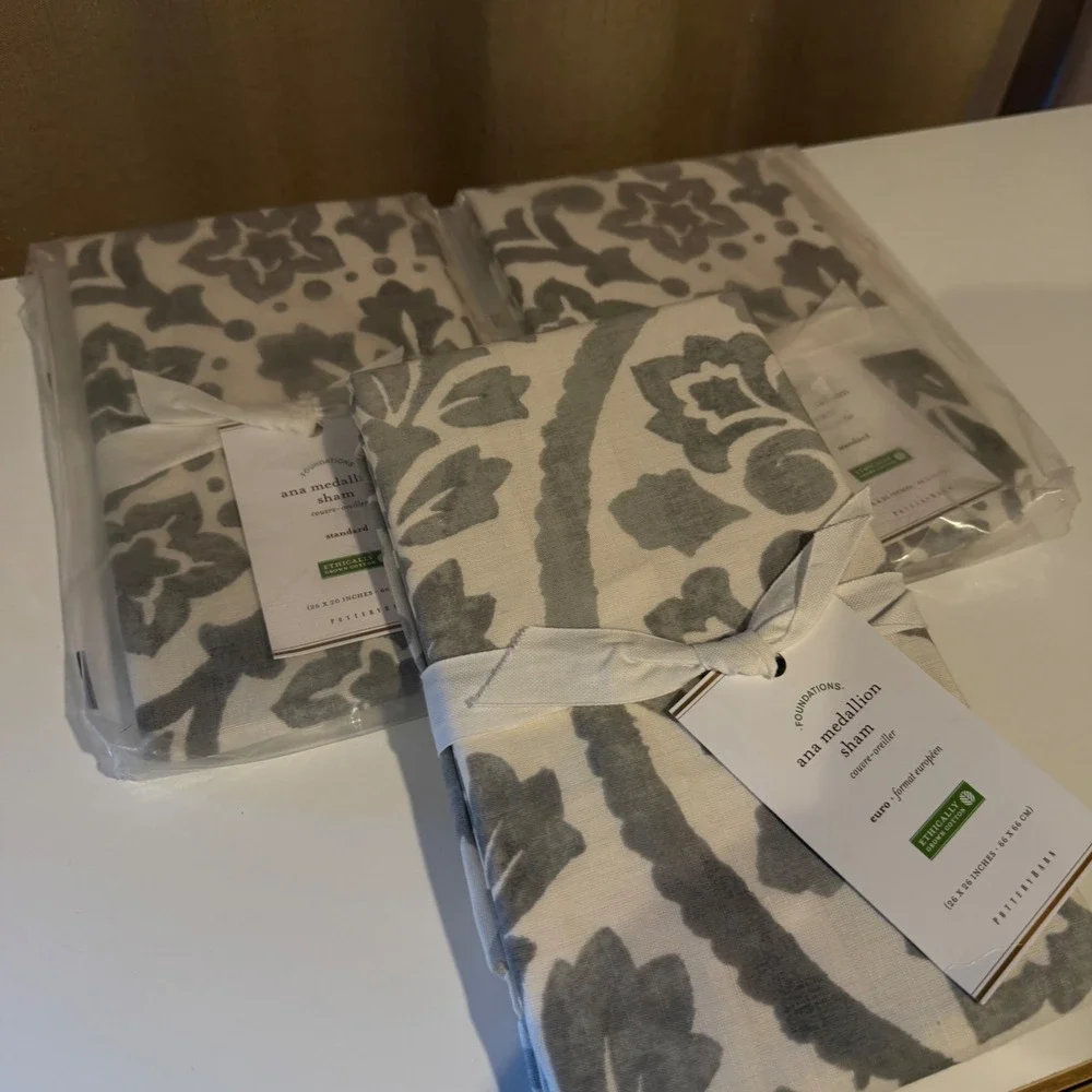 Pottery Barn Ana Medallion Gray White Cotton Sham Set 2 Standard 1 Euro NEW‎